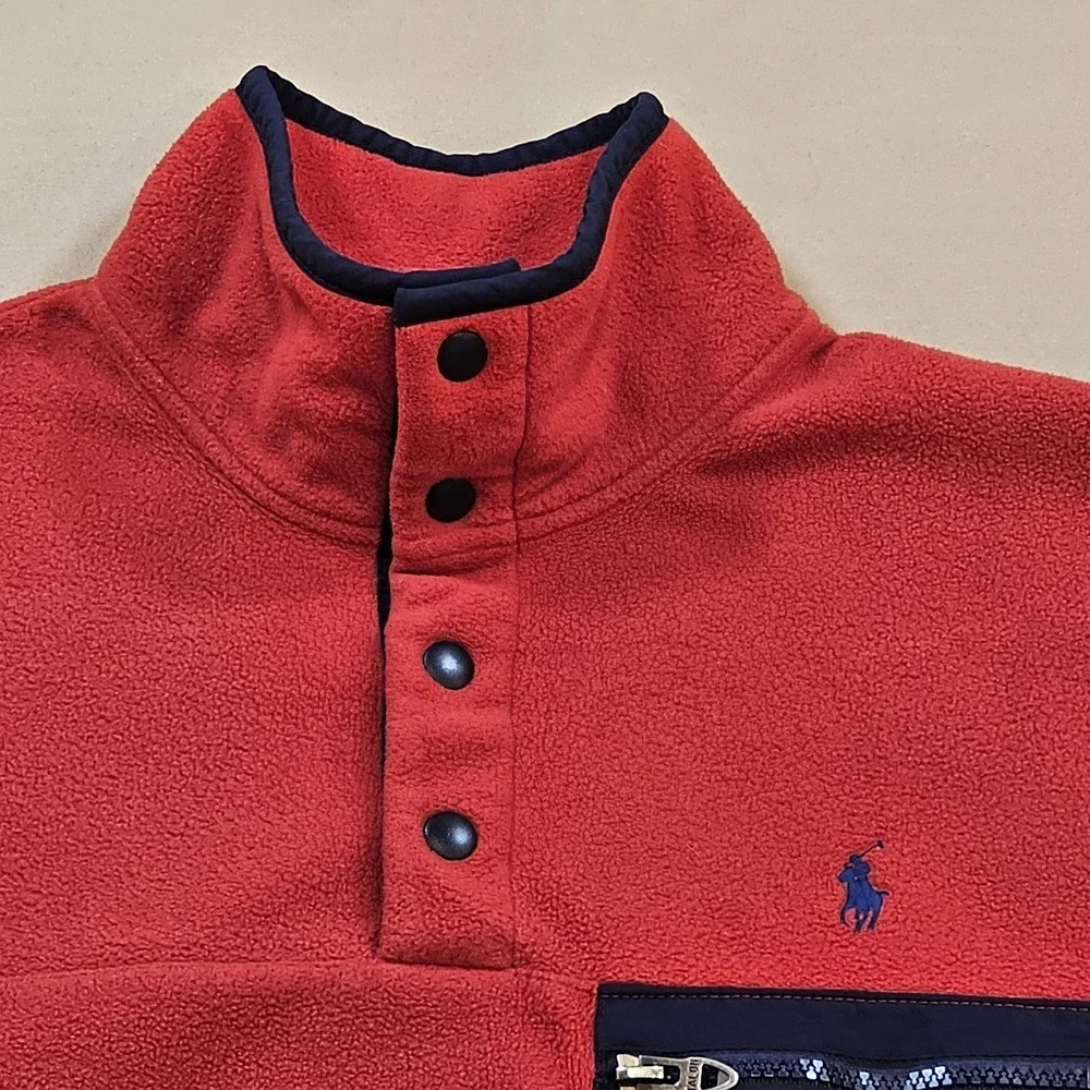 Polo Ralph Lauren Red‎ Fleece Mens S Sweater Mockneck Pullover 1/4 Snap Pockets